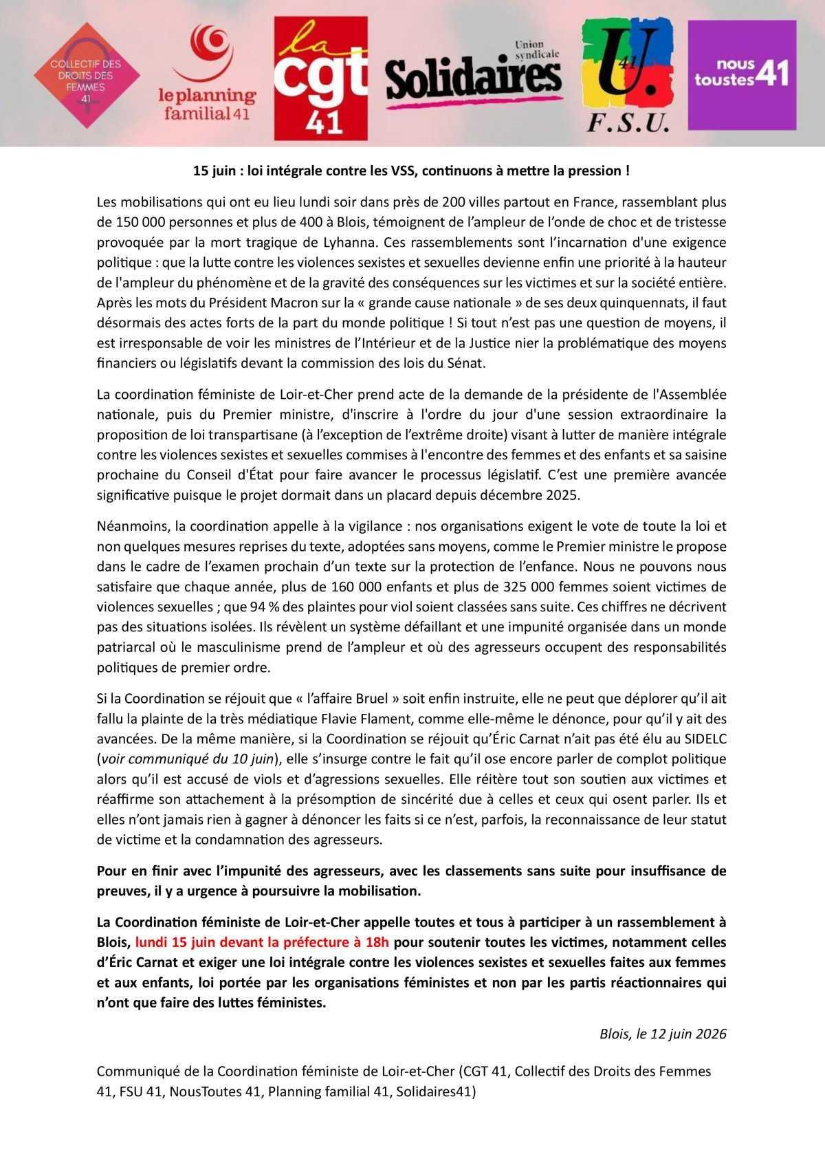 Communiqué Coordination féministe 41 - 15 juin : loi intégrale contre les VSS, continuons à mettre la pression !