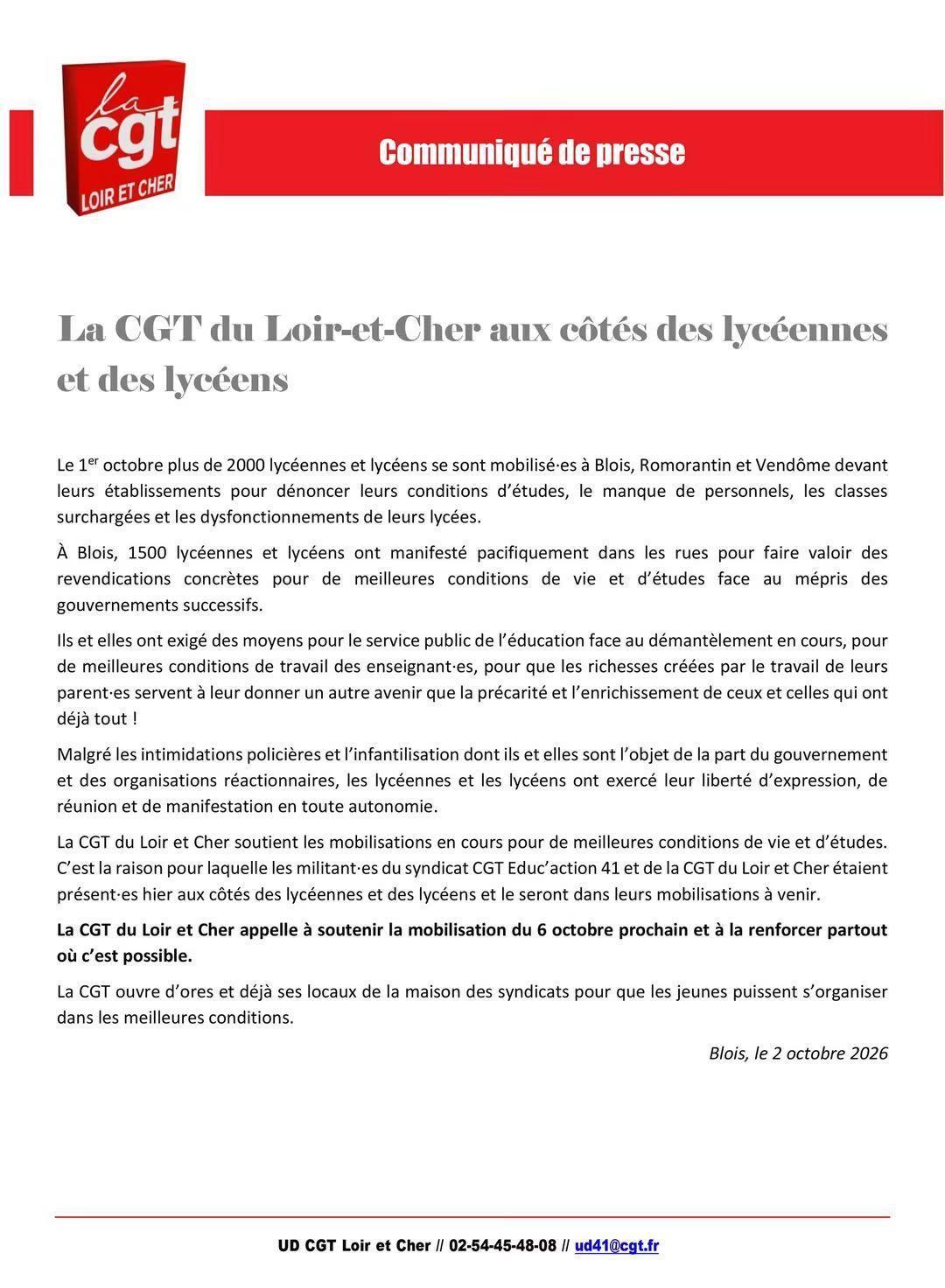 6 octobre 2026 - Soutien à la mobilisation lycéenne 