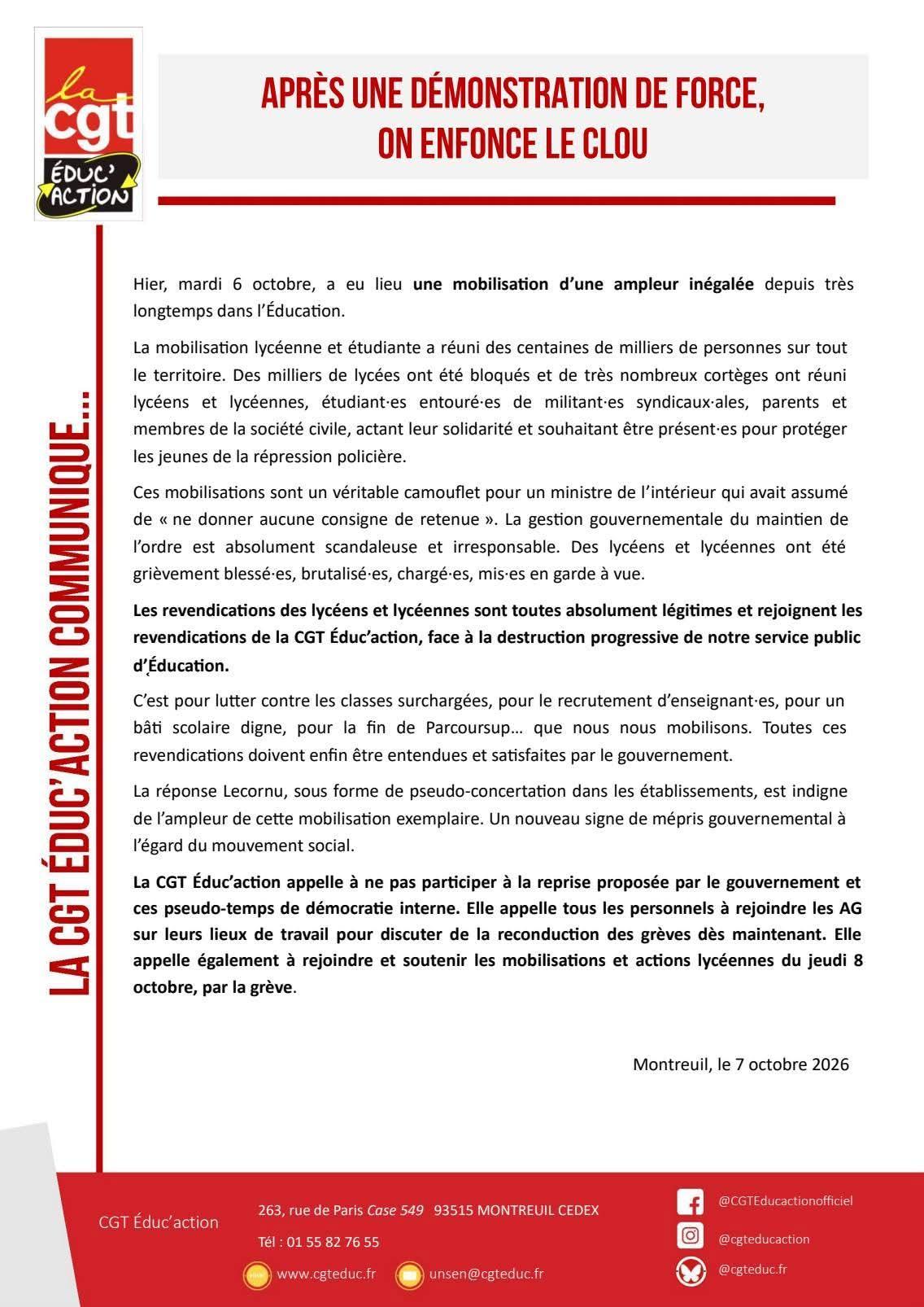 8 octobre 2026 - La mobilisation lycéenne se poursuit ! 8 octobre 2026 - La mobilisation lycéenne se poursuit !