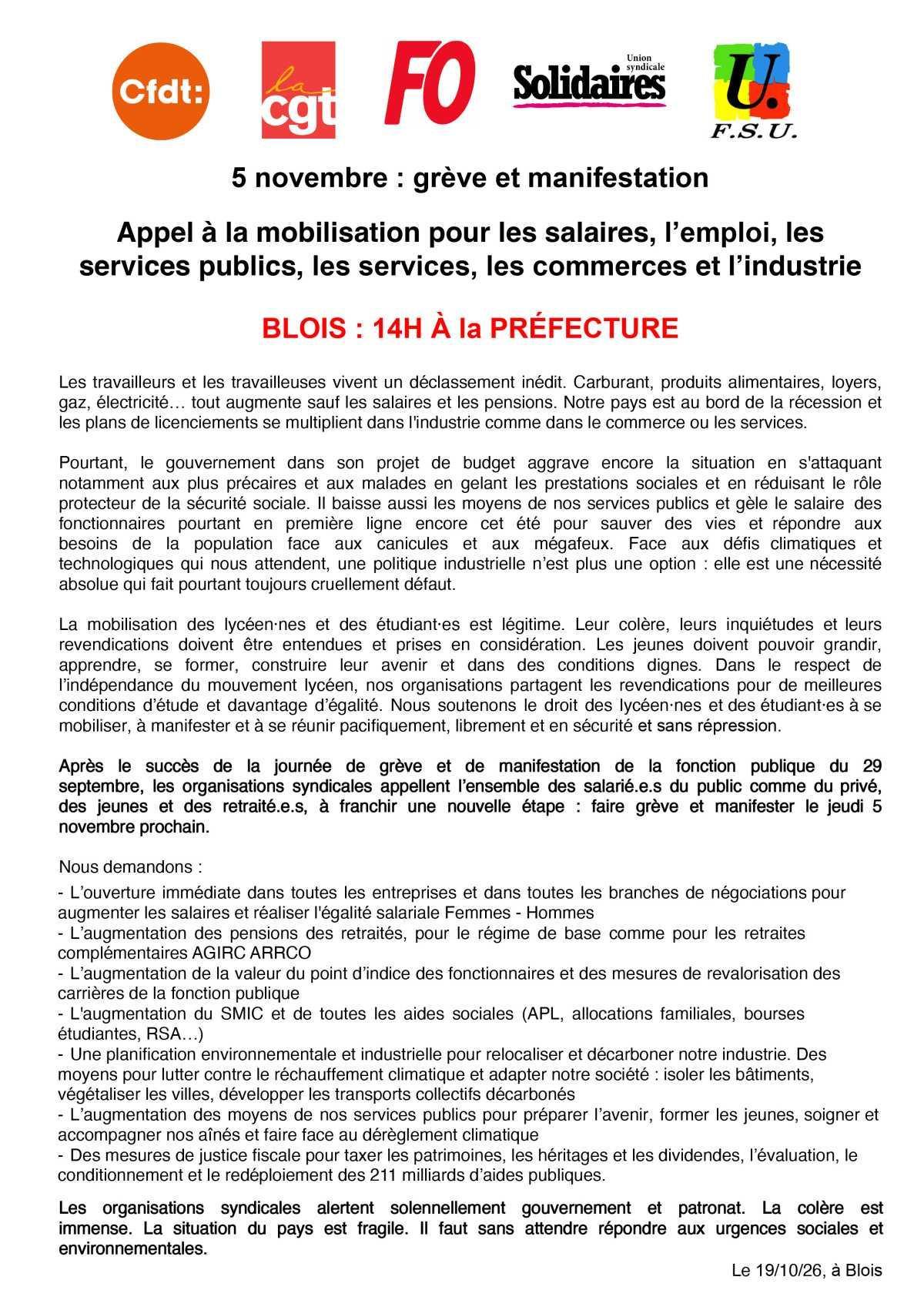 5 novembre - Journée de grève et de manifestations 
