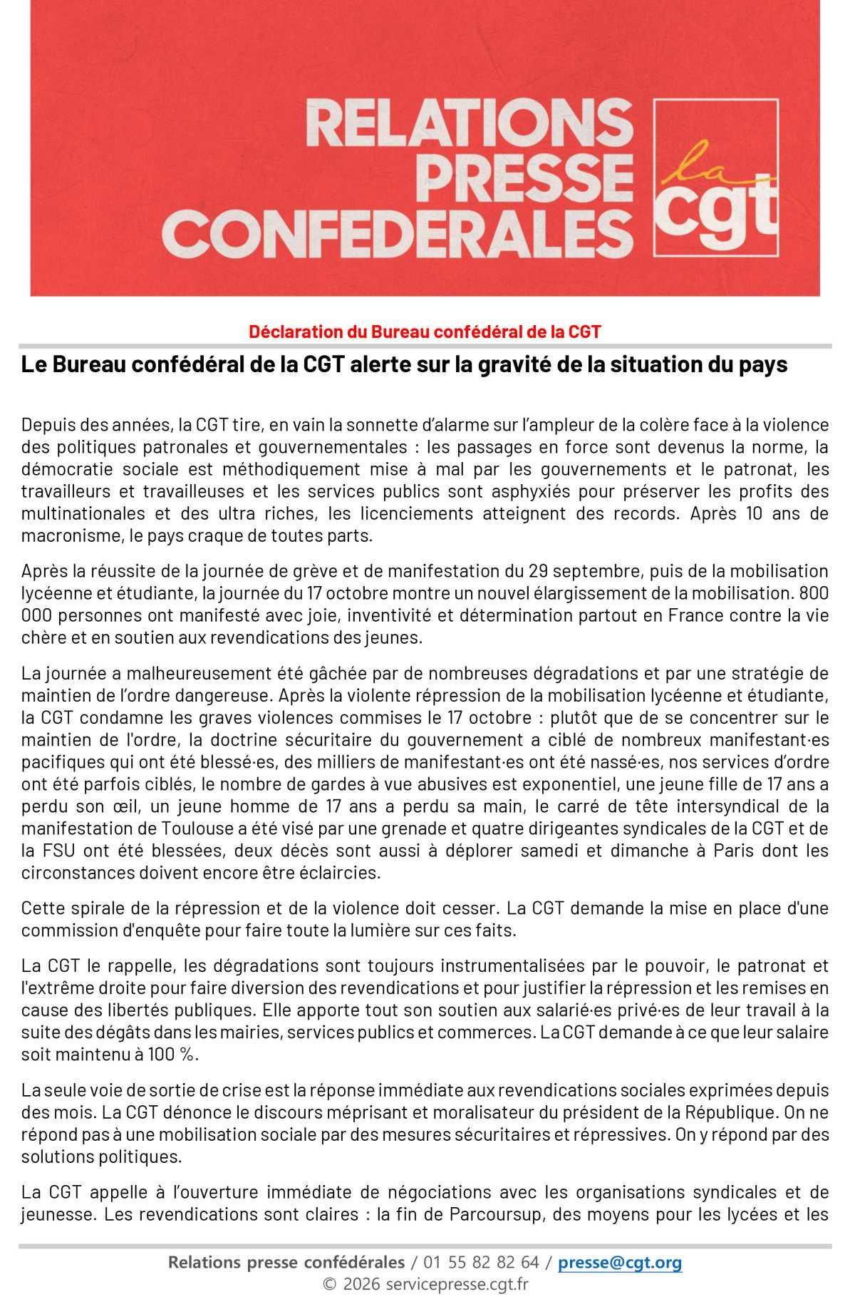 Déclaration du Bureau confédéral - 19/10/26