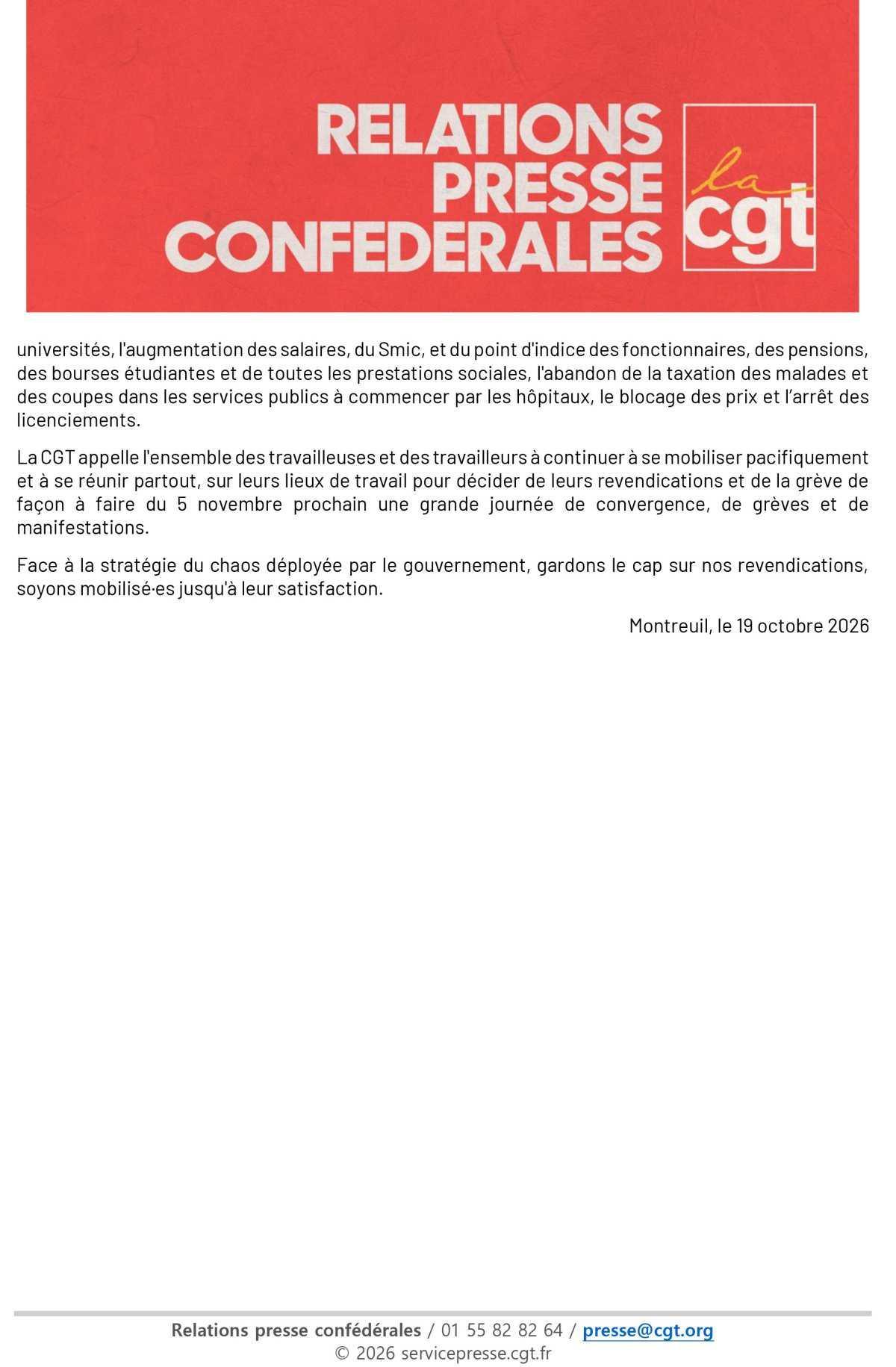 Déclaration du Bureau confédéral - 19/10/26
