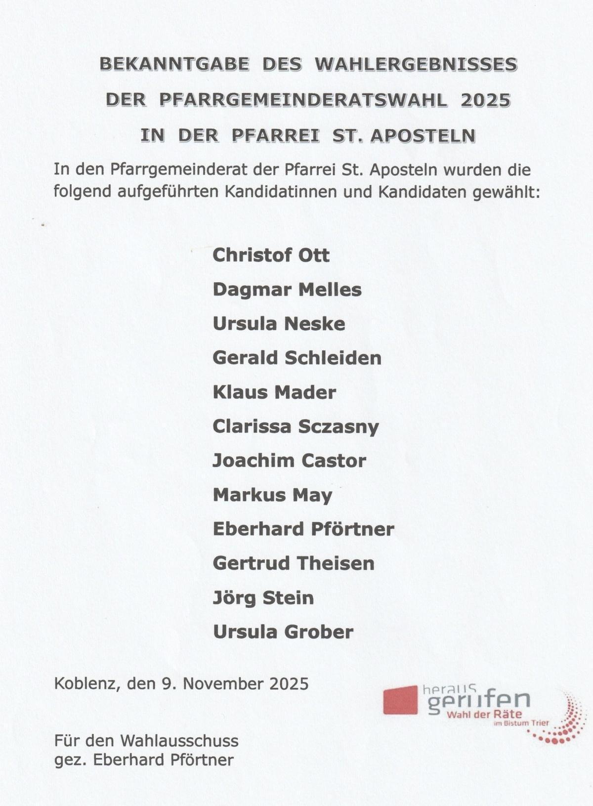 Ergebnis der Pfarrgemeinderatswahl