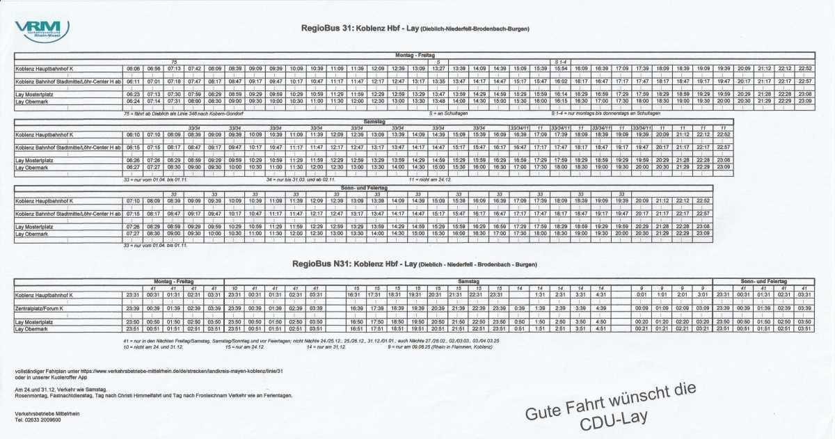 Fahrplan Linie 31 - Lay-Koblenz und zurück