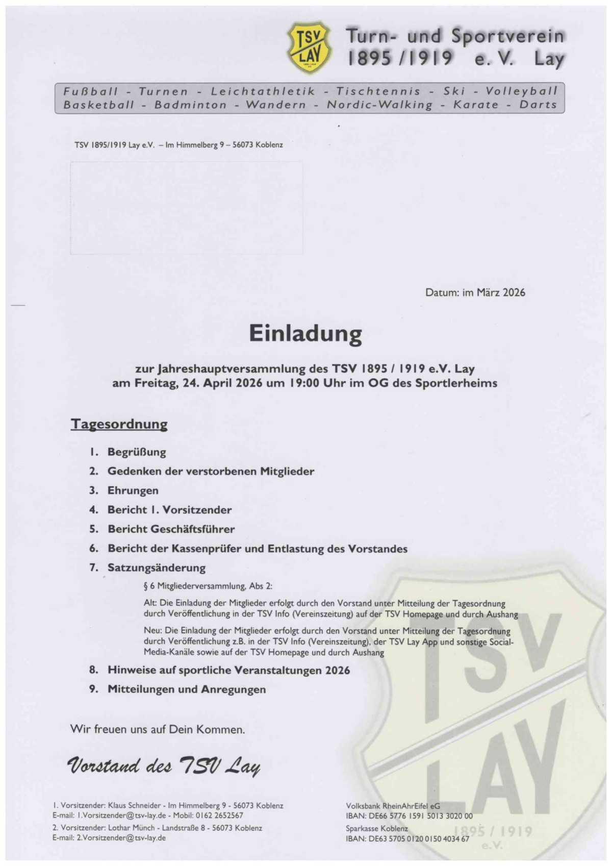 Jahreshauptversammlung des TSV am 24.04.