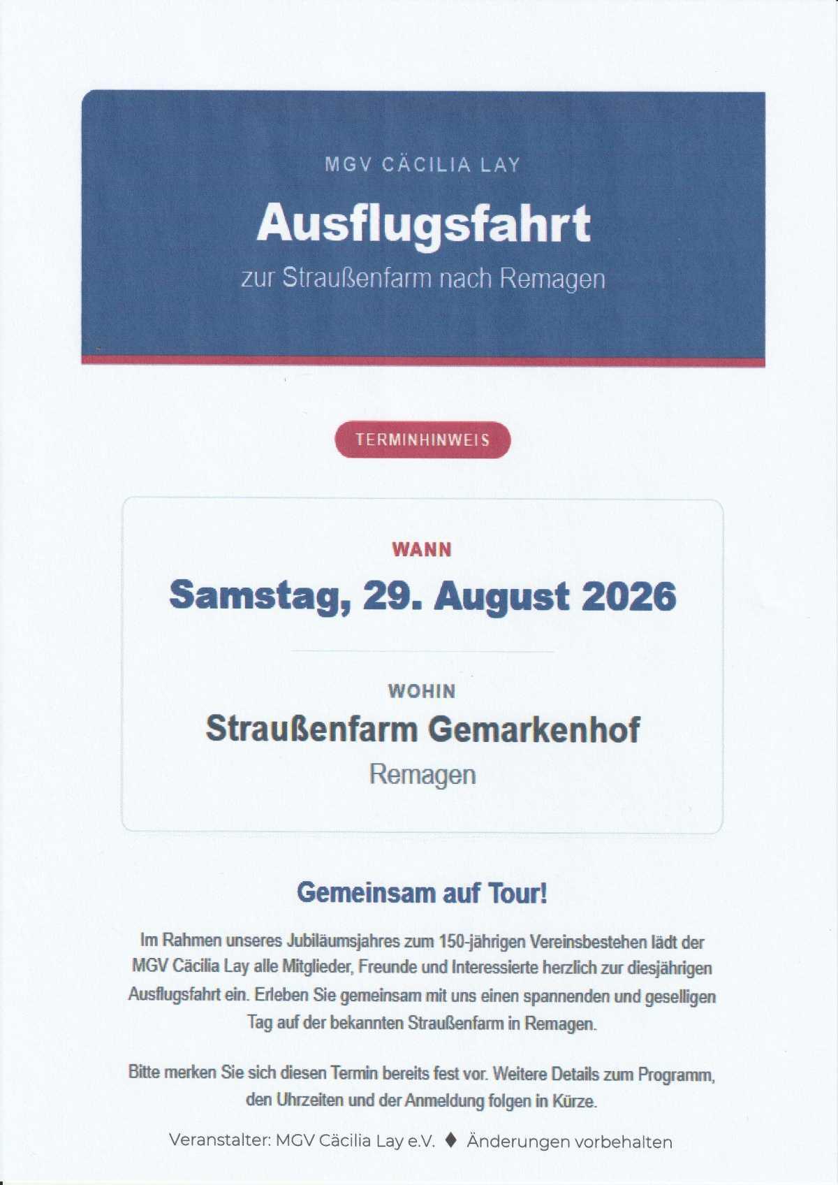 Ausflugsfahrt zur Straußenfarm nach Remagen 29.08.
