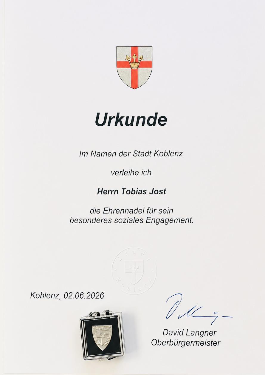 Ehrennadel der Stadt Koblenz für Tobias Jost