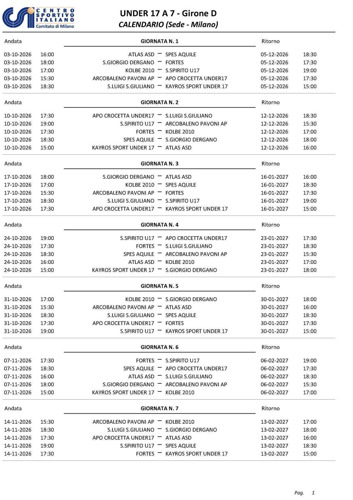 Calendario U17 26-27 Calendario U17 26-27