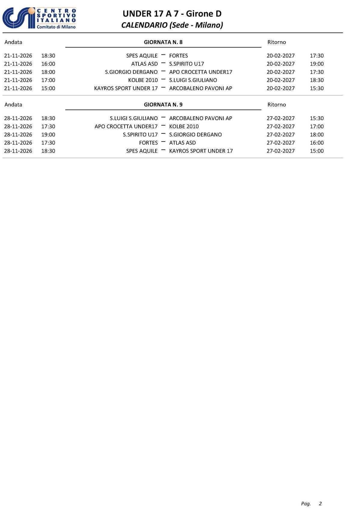 Calendario U17 26-27