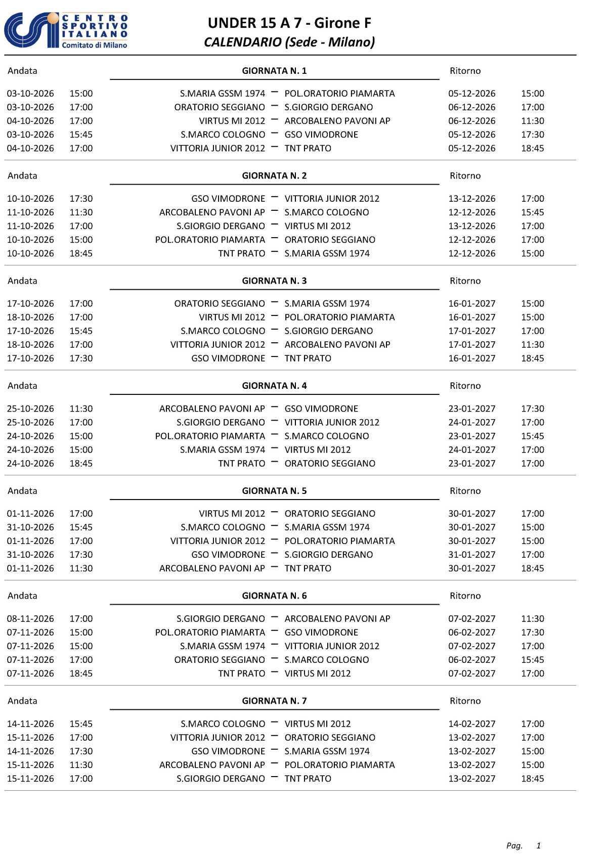 Calendario U15 26-27