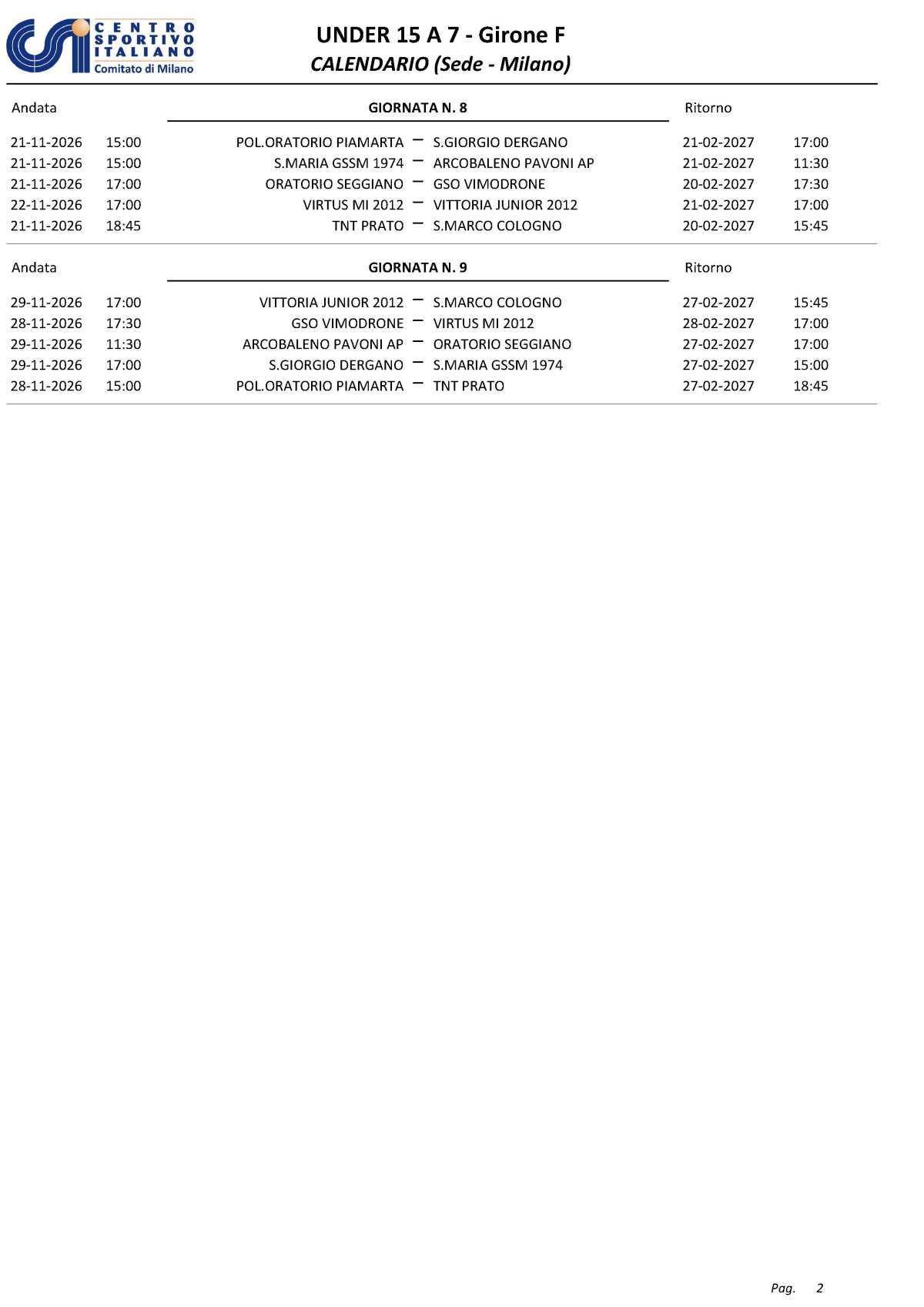 Calendario U15 26-27