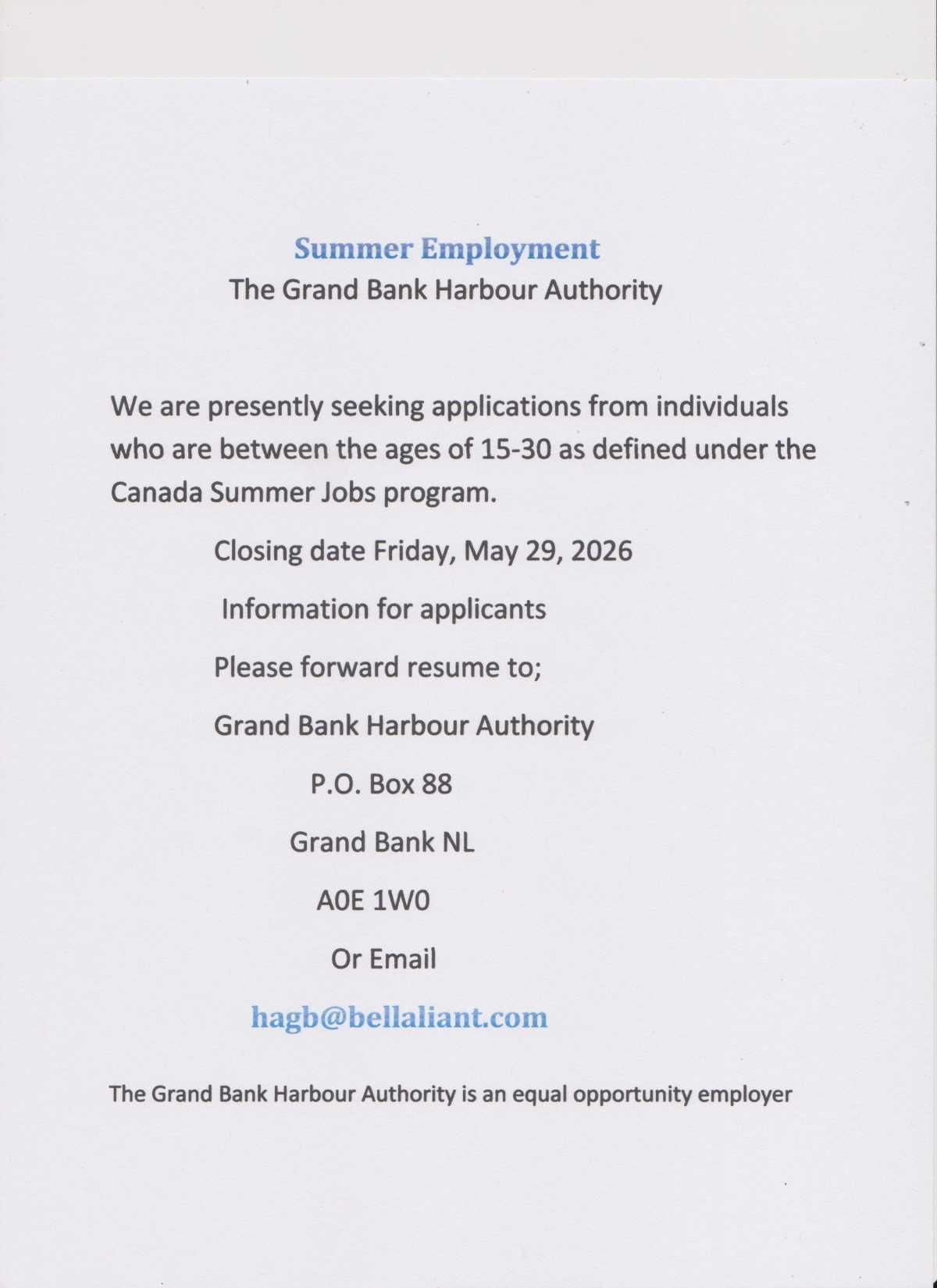 Summer Employment Grand Bank Harbour Authority