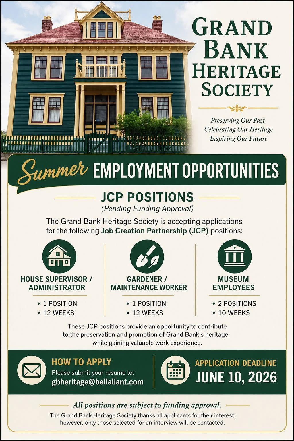 Grand Bank Heritage Society Summer Employment Opportunities