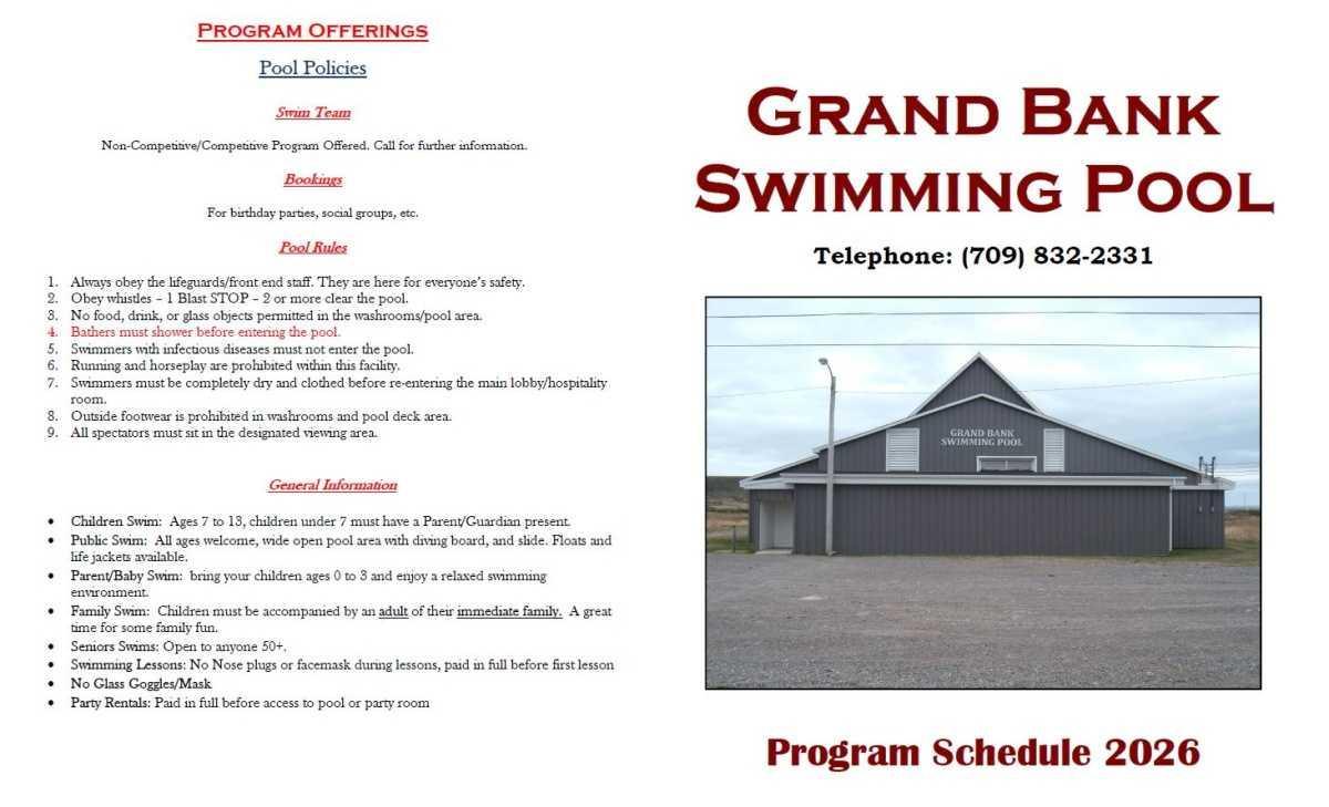 Grand Bank Swimming Pool Summer Schedule
