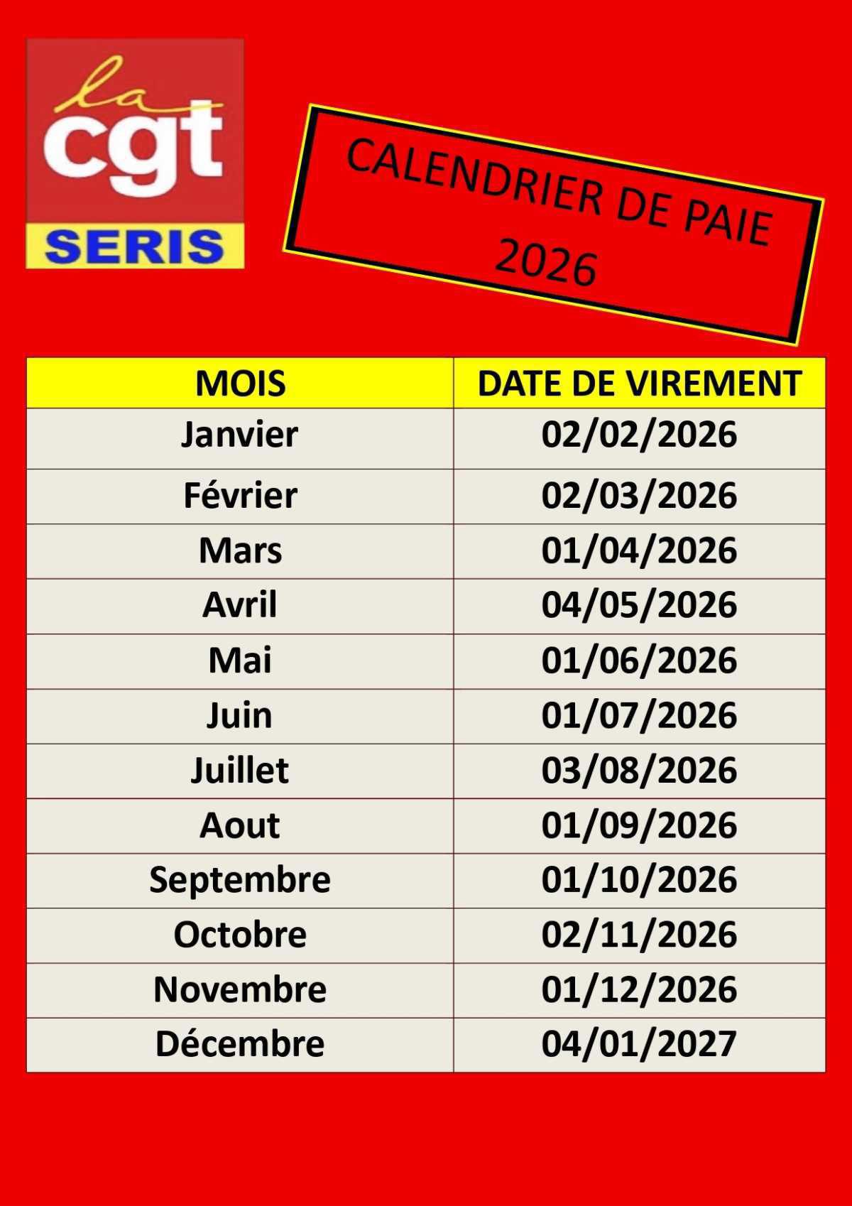 Calendrier des payes 2026