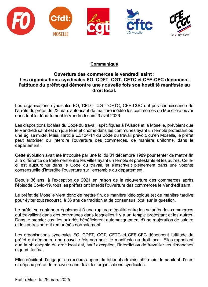 Moselle : non à l'attaque contre le droit local ! Non à l'ouverture des commerces le vendredi saint !