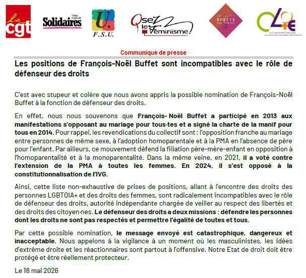 Les positions de François-Noël Buffet sont incompatibles avec le rôle de défenseur des droits Les positions de François-Noël Buffet sont incompatibles avec le rôle de défenseur des droits