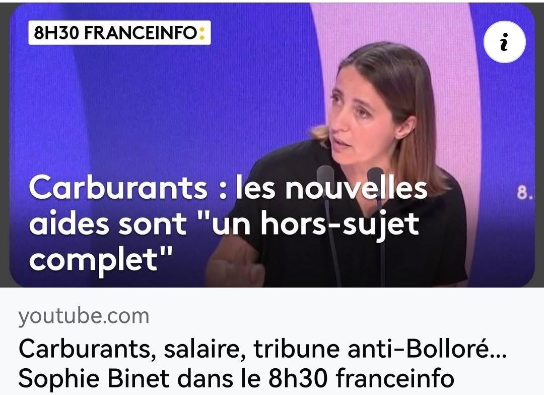 Carburants, salaire, tribune anti Bolloré... Sophie Binet dans le 8h30 FranceInfo Carburants, salaire, tribune anti Bolloré... Sophie Binet dans le 8h30 FranceInfo