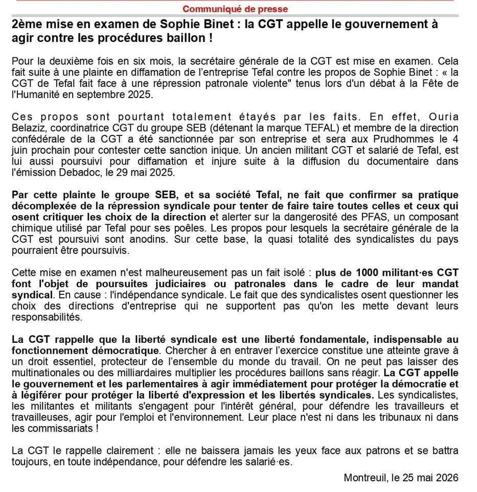 Pour la deuxième fois en six mois, la secrétaire générale de la CGT est mise en examen. 