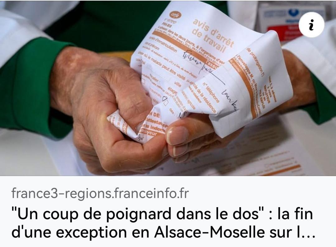 "Un coup de poignard dans le dos" : la fin d'une exception en Alsace-Moselle sur les arrêts maladie provoque la colère des syndicats "Un coup de poignard dans le dos" : la fin d'une exception en Alsace-Moselle sur les arrêts maladie provoque la colère des syndicats