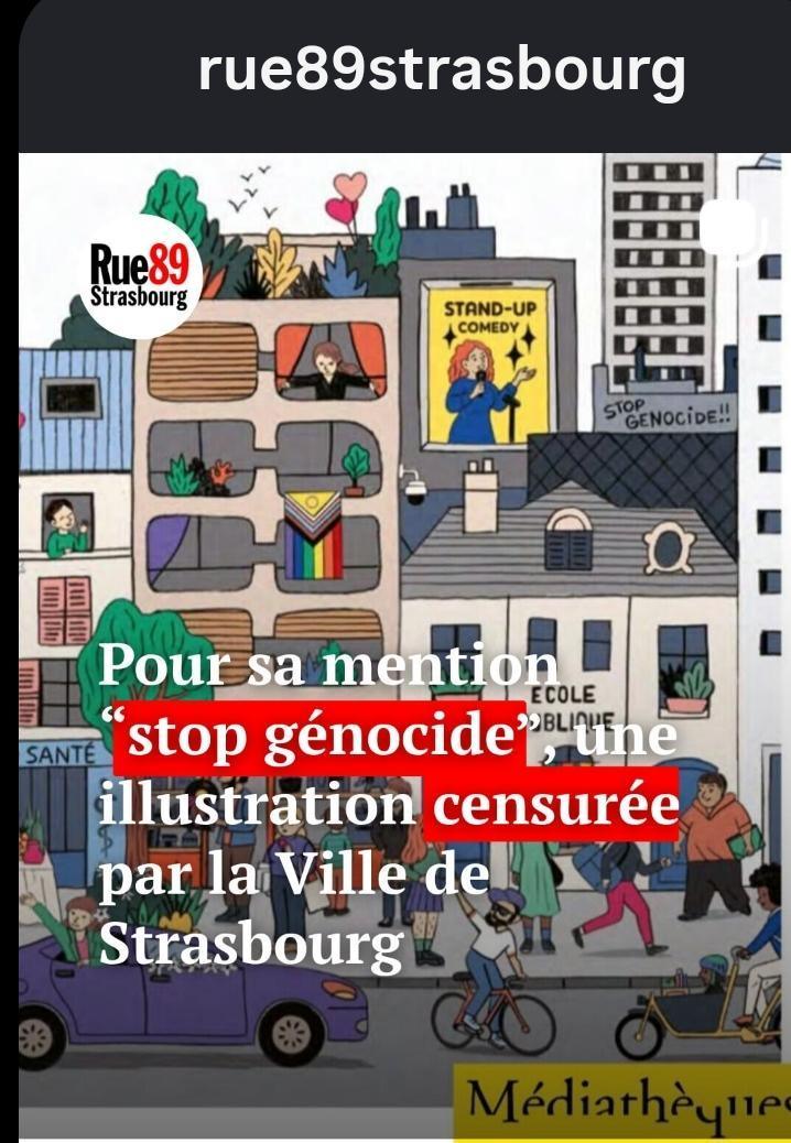 Pour sa mention « stop génocide », une illustration censurée par la Ville de Strasbourg Pour sa mention « stop génocide », une illustration censurée par la Ville de Strasbourg