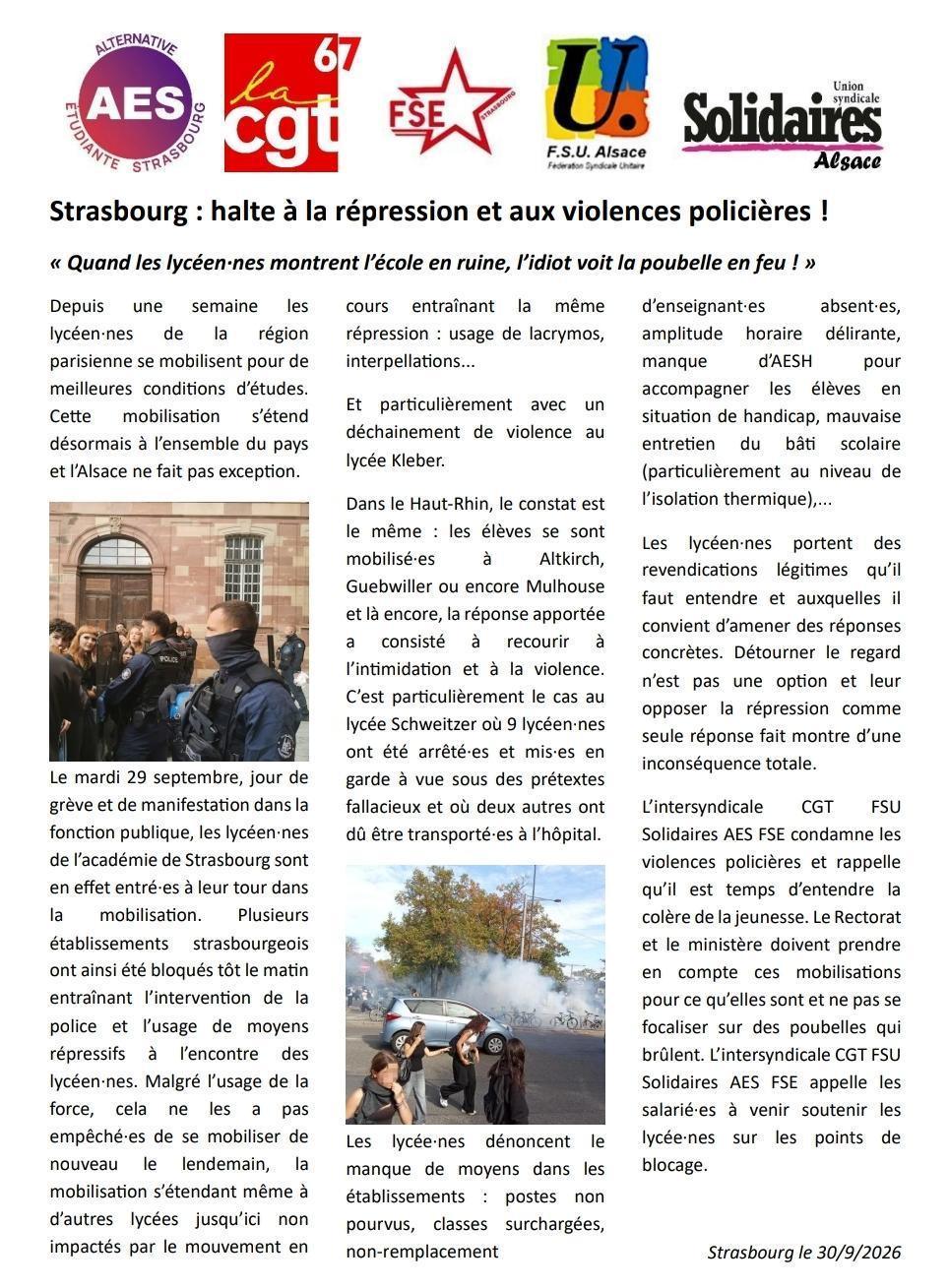 Strasbourg : halte à la répression et aux violences policières !