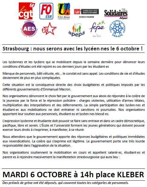 Strasbourg : nous serons avec les lycéen·nes le 6 octobre !