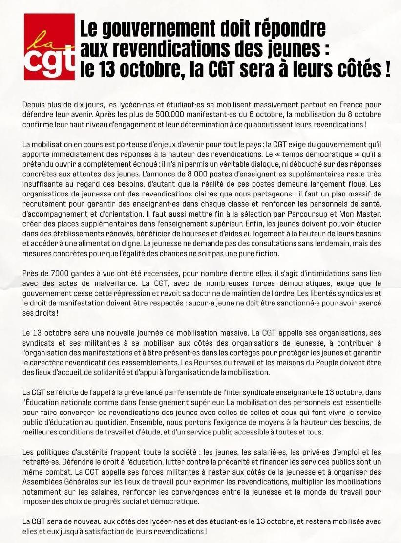 Le gouvernement doit répondre aux revendications des jeunes : le 13 octobre, la CGT sera à leurs côtés !