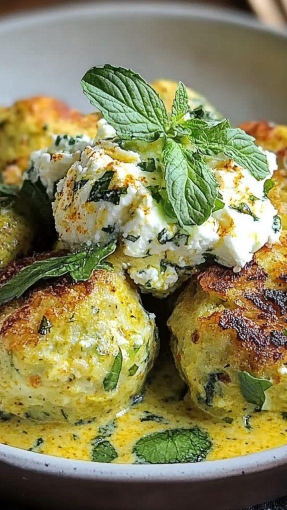  ZUCCHINI AND FETA BALLS, CURRY-MINT SAUCE