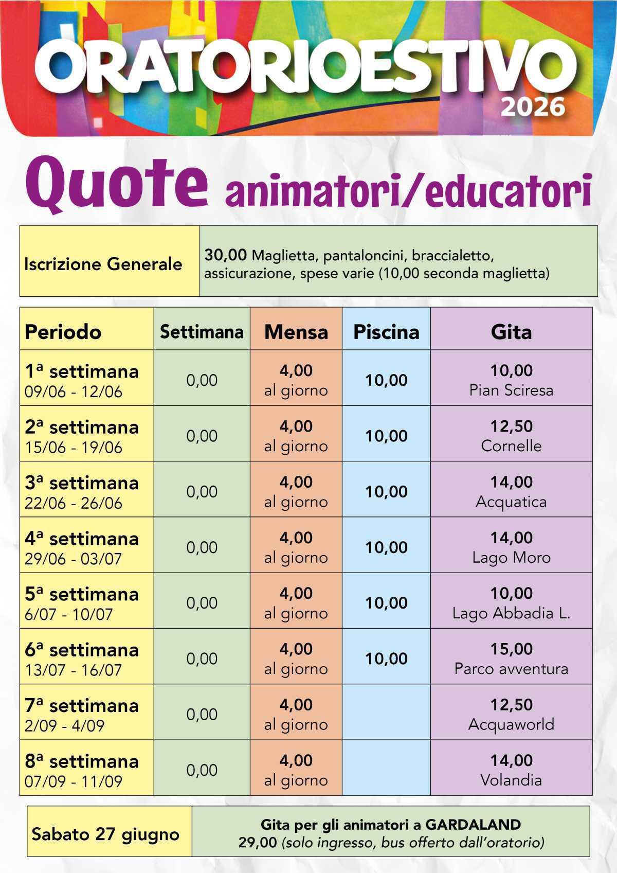 Quote animatori/educatori