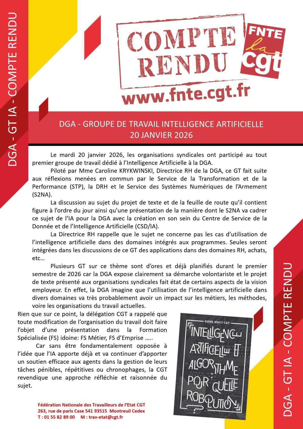 Groupe de Travail Intelligence Artificielle - DGA - du 20 janvier 2026 Groupe de Travail Intelligence Artificielle - DGA - du 20 janvier 2026