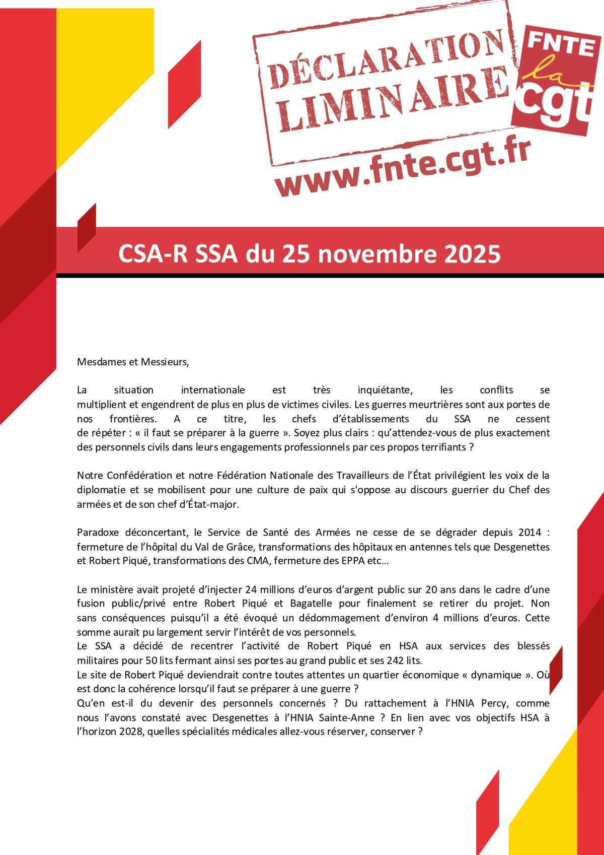 CSA-R SSA du 25 novembre 2025 - Déclaration Liminaire et Compte Rendu. CSA-R SSA du 25 novembre 2025 - Déclaration Liminaire et Compte Rendu.