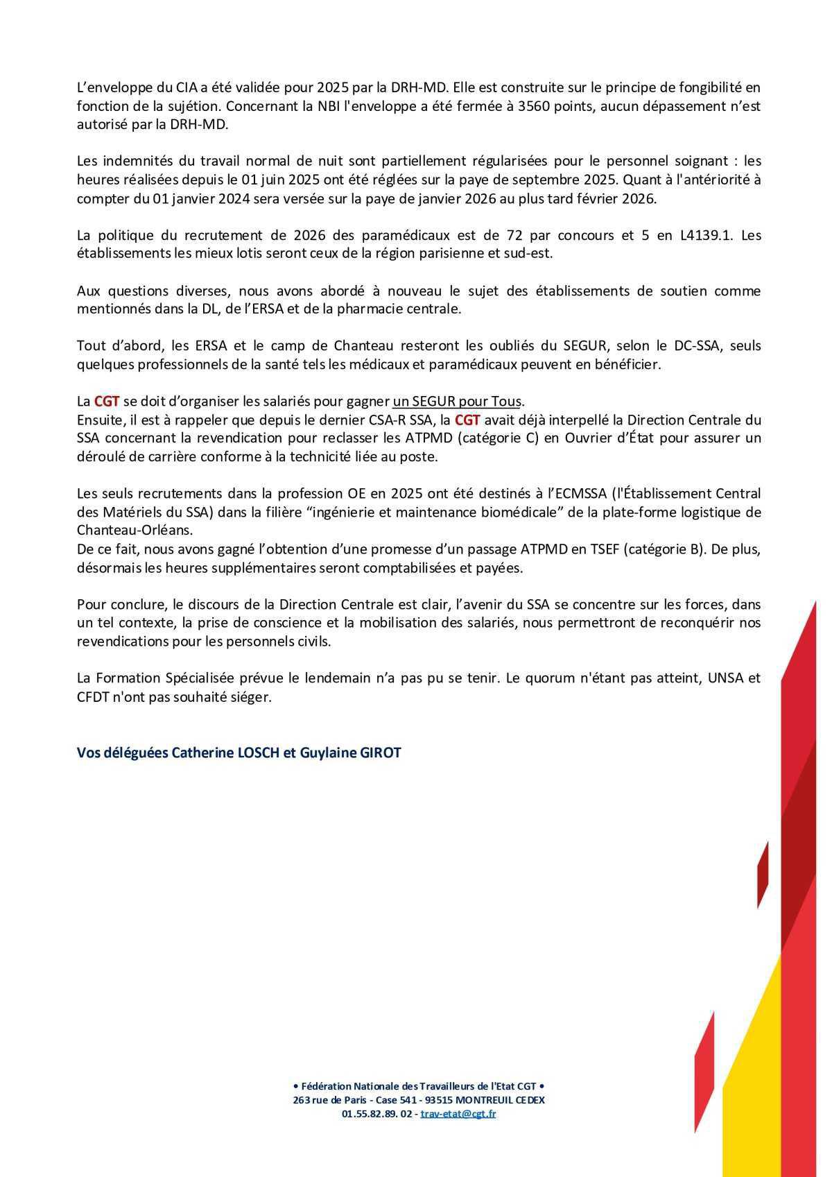 CSA-R SSA du 25 novembre 2025 - Déclaration Liminaire et Compte Rendu. CSA-R SSA du 25 novembre 2025 - Déclaration Liminaire et Compte Rendu.