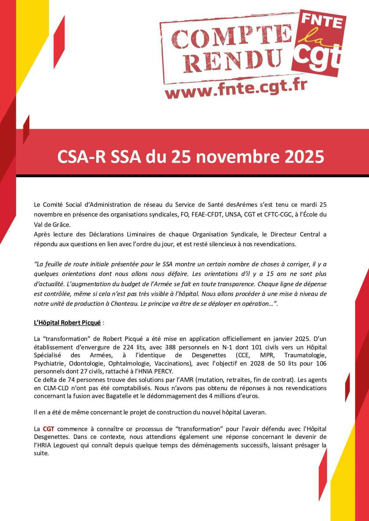 CSA-R SSA du 25 novembre 2025 - Déclaration Liminaire et Compte Rendu.