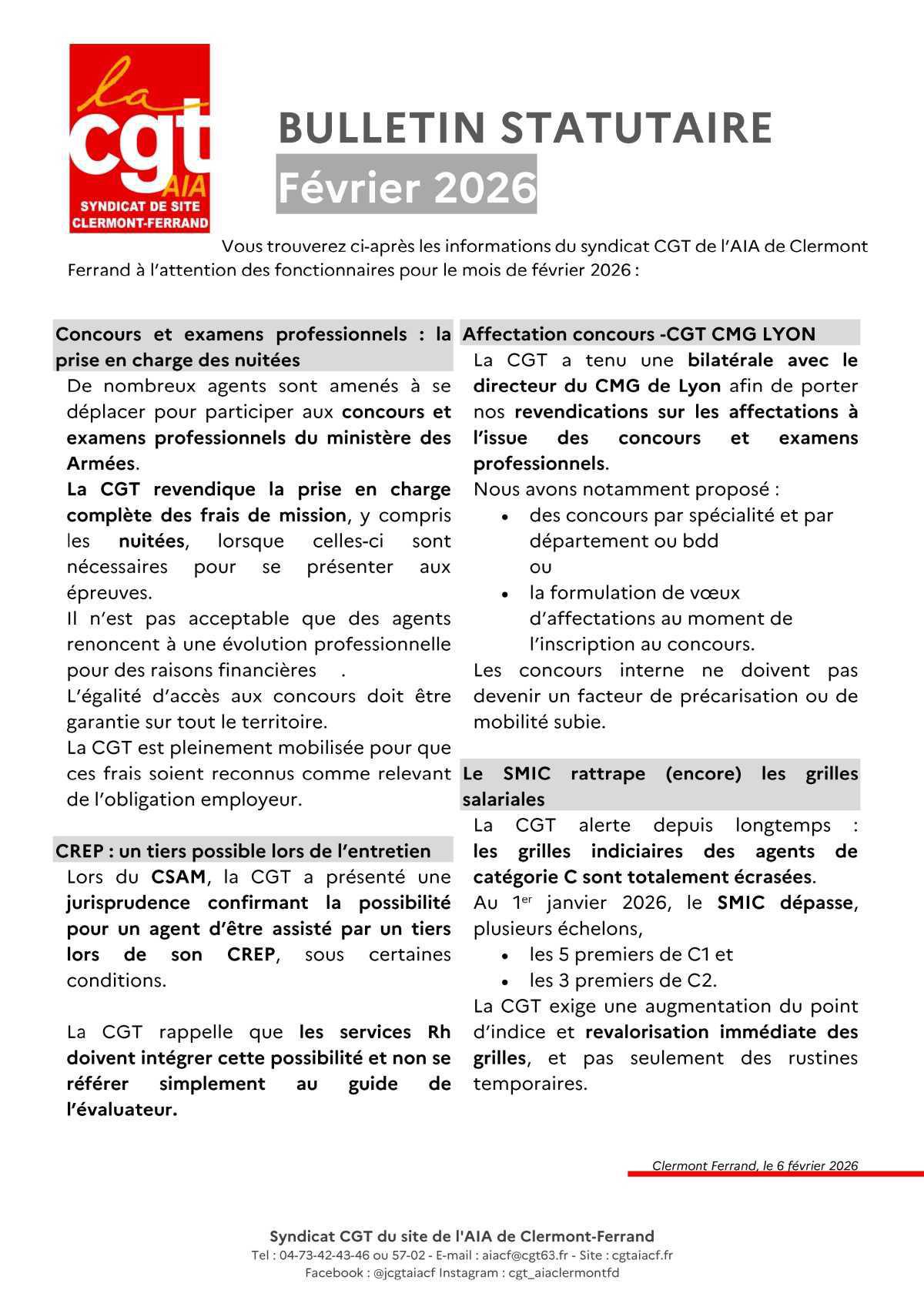 AIA CLERMONT-FERRAND : Bulletin statutaire - Février 2026