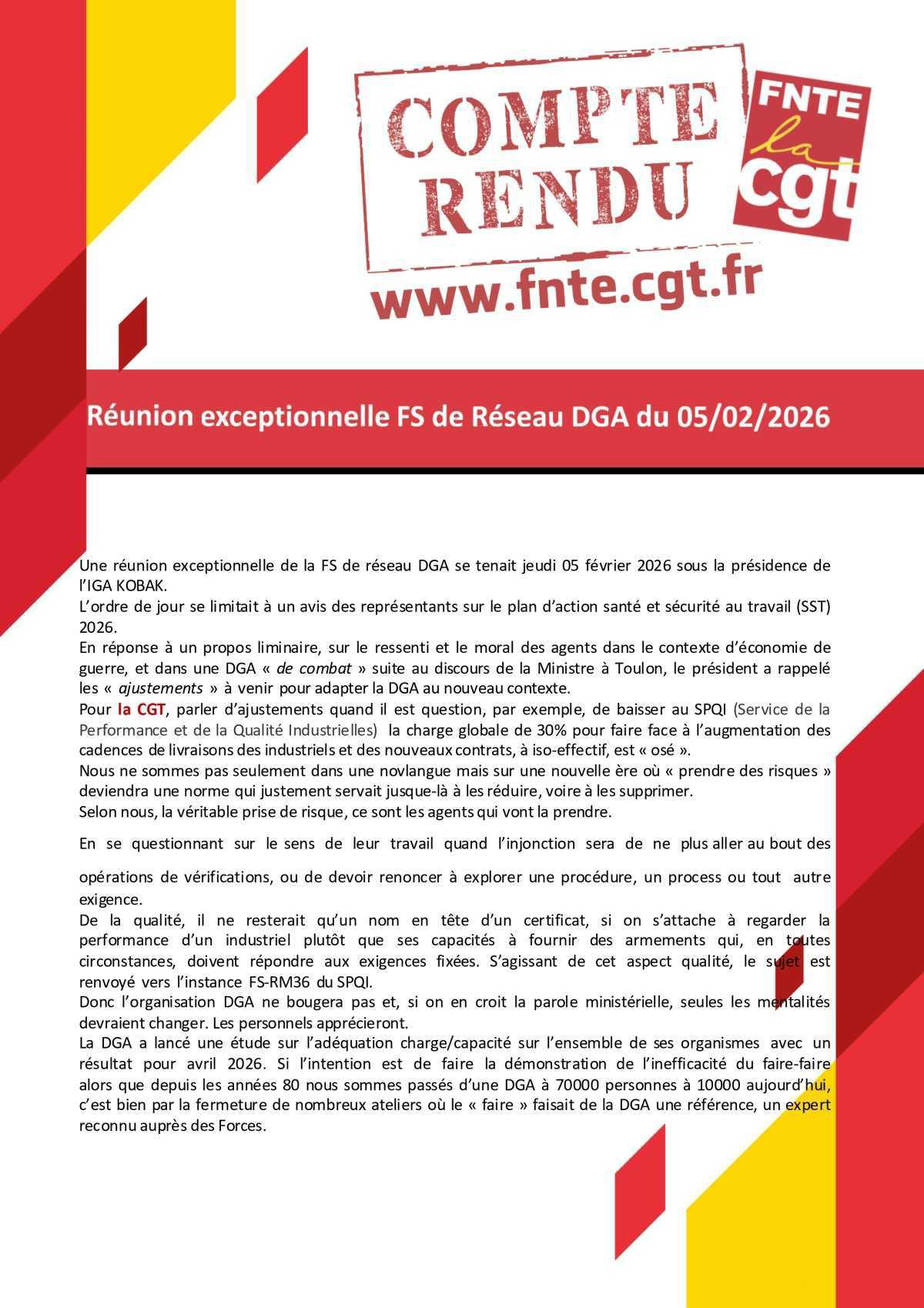 Compte Rendu de la FS-R exceptionnelle DGA du 05 février 2026.