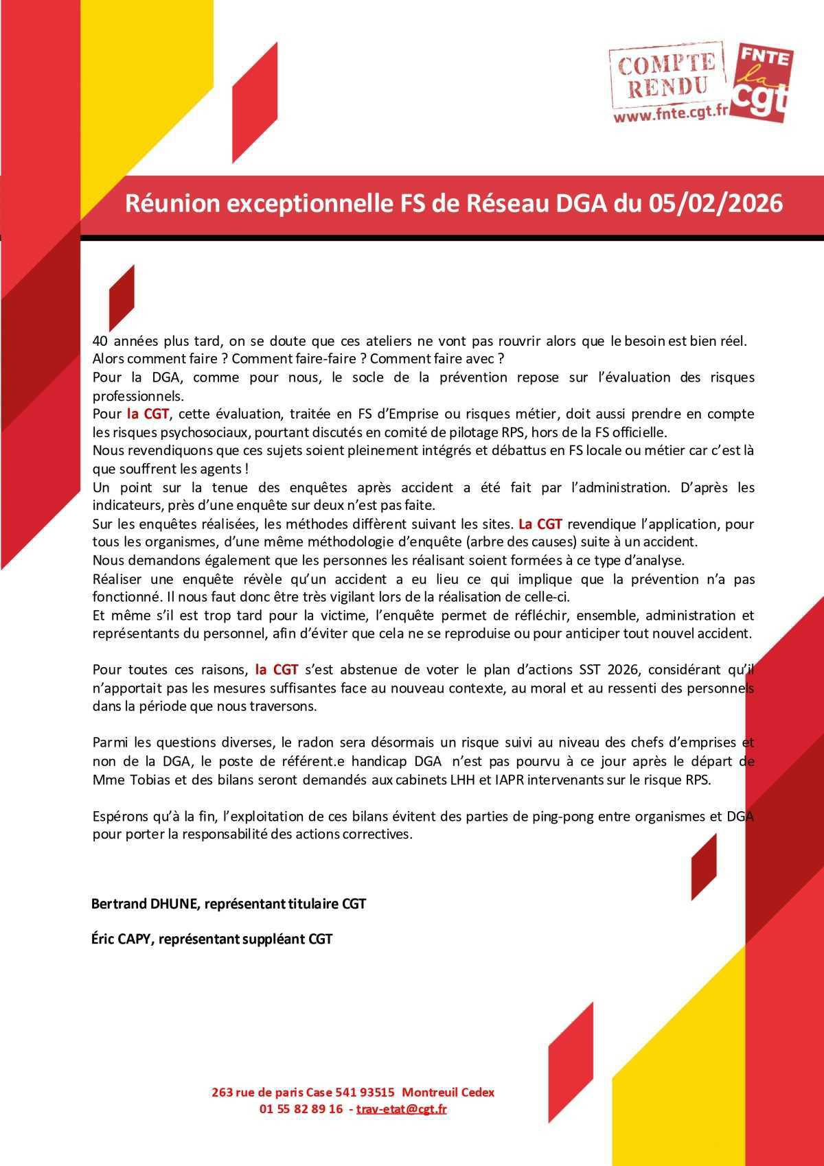 Compte Rendu de la FS-R exceptionnelle DGA du 05 février 2026.