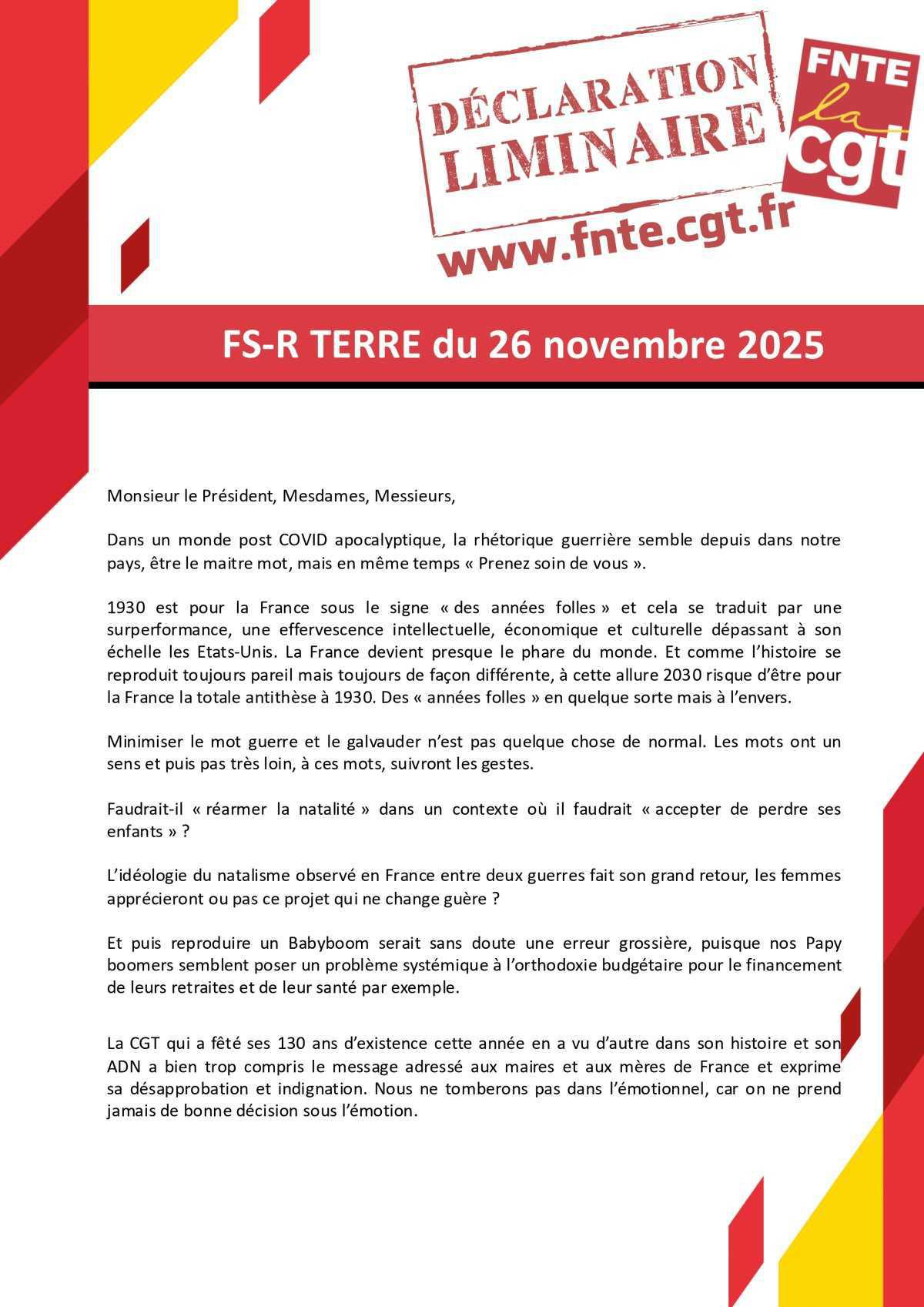 FS-R TERRE du 26 novembre 2025 - Déclaration Liminaire.