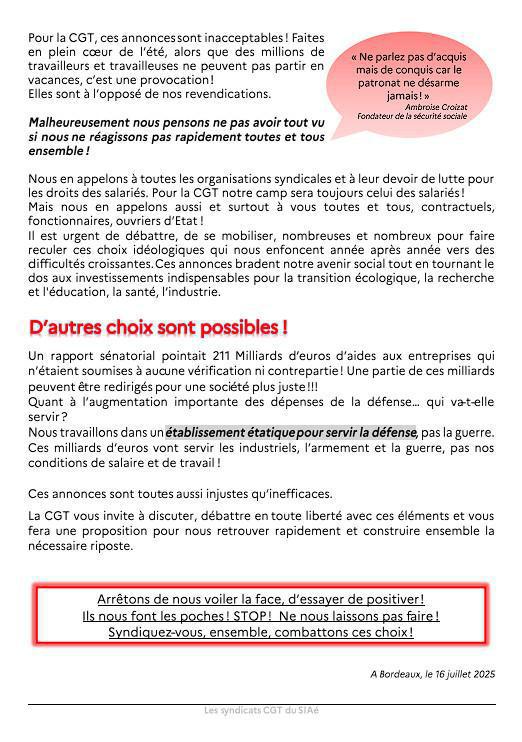 SIAé - Tract faisant suite aux annonces du 15/07/2025