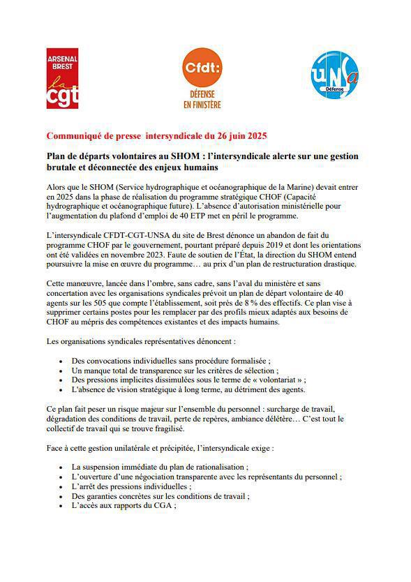 Plan de départs volontaires au SHOM : l’intersyndicale alerte sur une gestion brutale et déconnectée des enjeux humains 