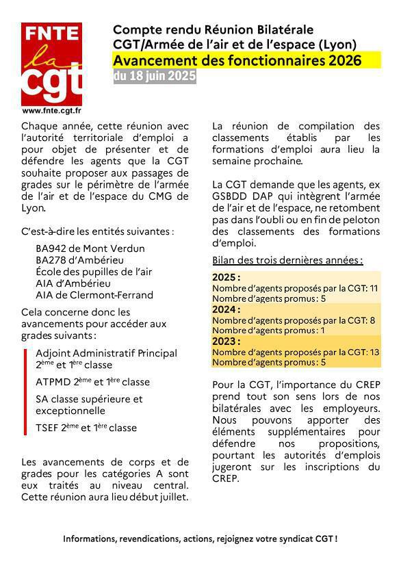 Réunion bilatérale CGT/Armée de l'Air de Lyon Avancement des Fonctionnaires du 18/06/2025 - Compte-rendu