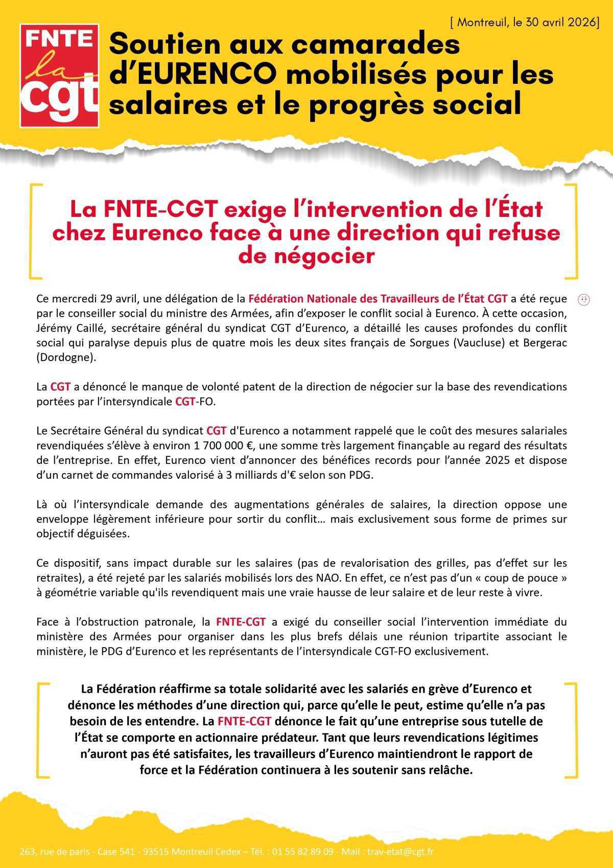Soutien aux camarades d’EURENCO mobilisés pour les salaires et le progrès social