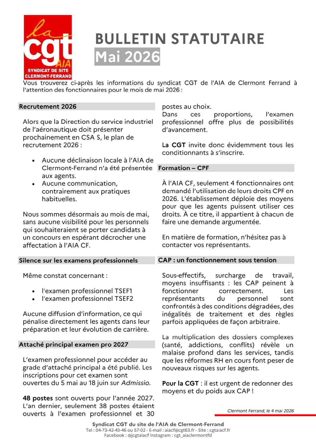 AIA CLERMONT-FERRAND : Bulletin statutaire (mai 2026)