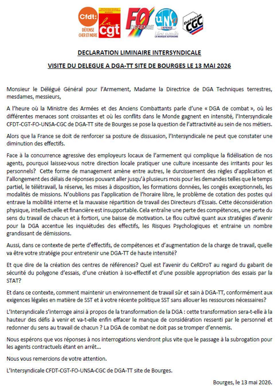 DGA TT BOURGES : DECLARATION LIMINAIRE INTERSYNDICALE - VISITE DU DELEGUE