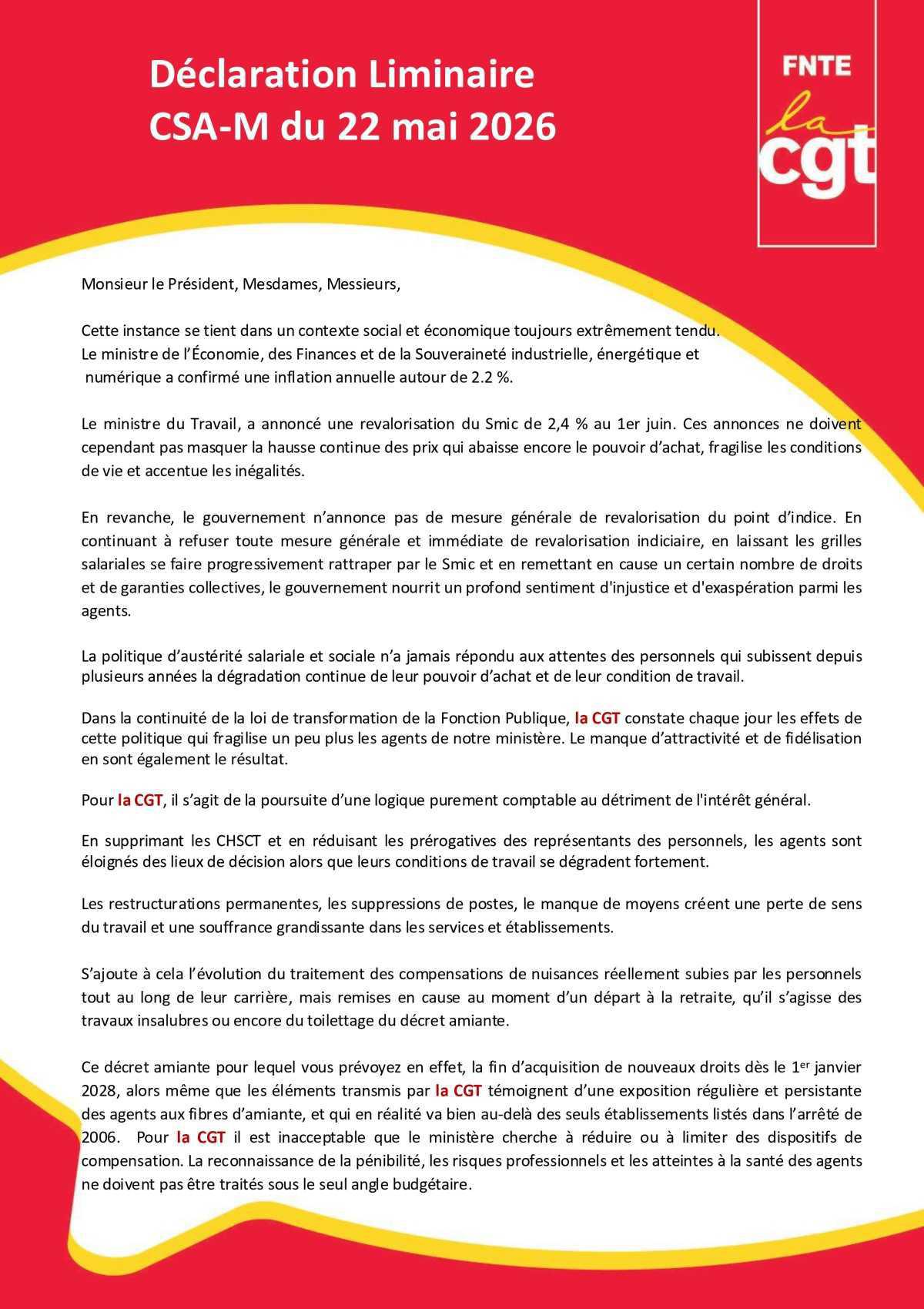 CSAM : Déclaration liminaire du 22/05/2026