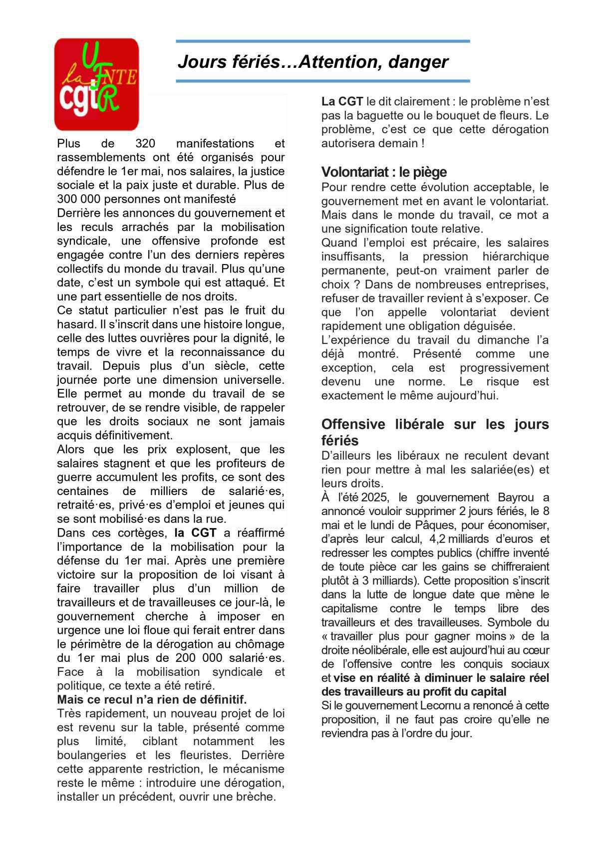 UFR : Mai 2026 _ Jours fériés…Attention, danger