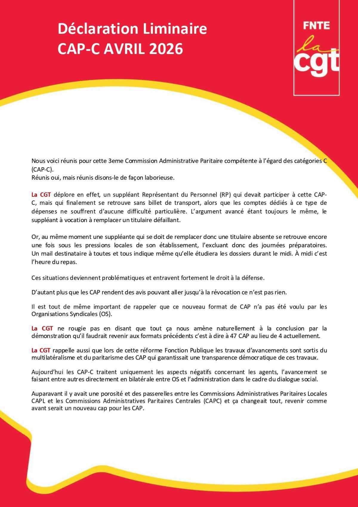 CAP C : Déclaration Liminaire et Compte-Rendu du mois d'avril 2026