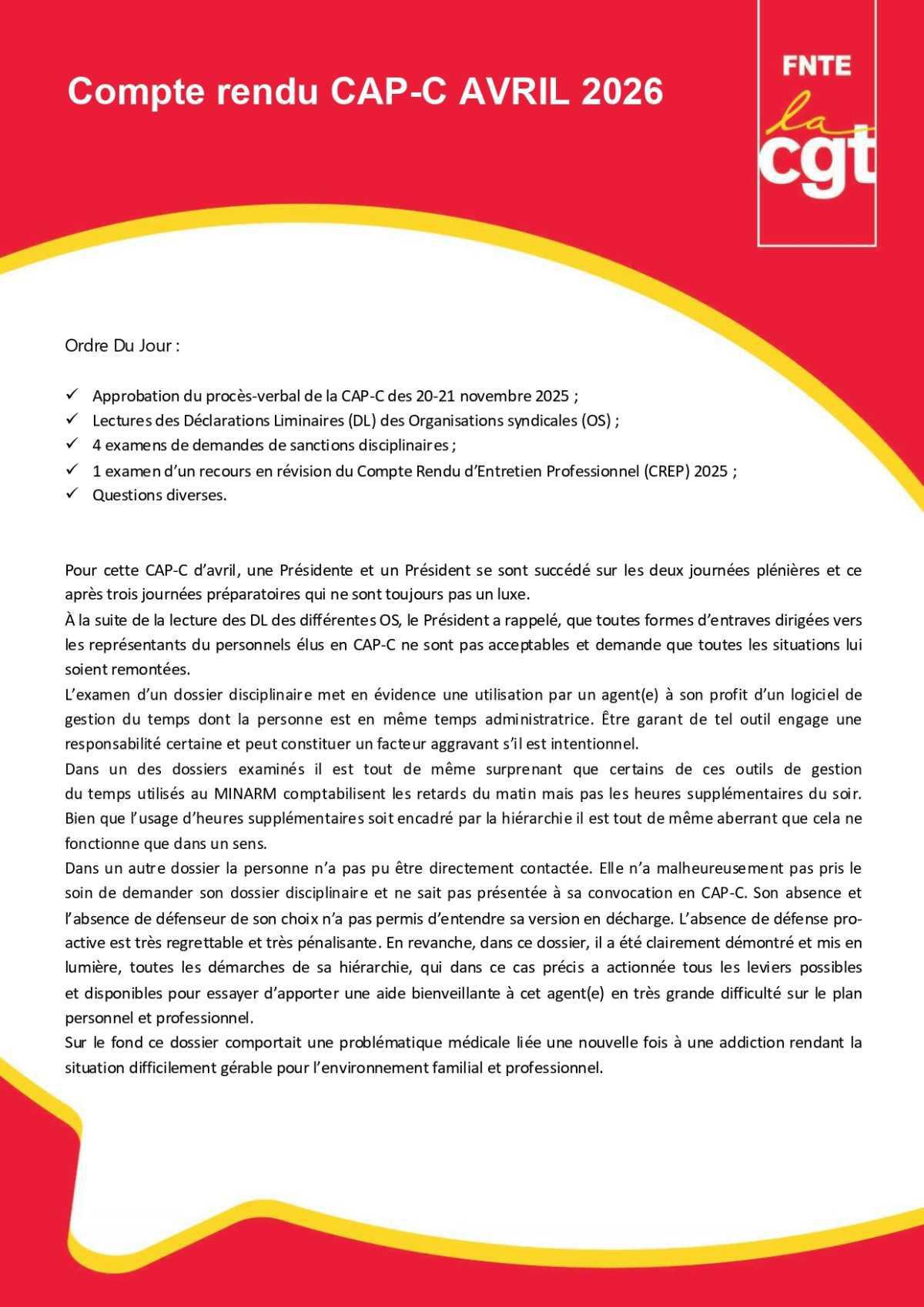 CAP C : Déclaration Liminaire et Compte-Rendu du mois d'avril 2026