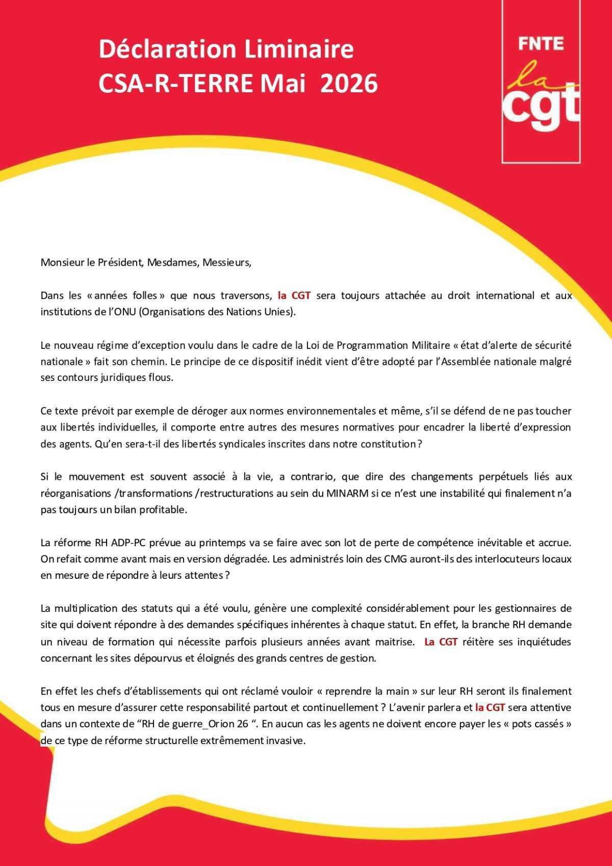 Terre : CSAR Déclaration Liminaire de Mai 2026