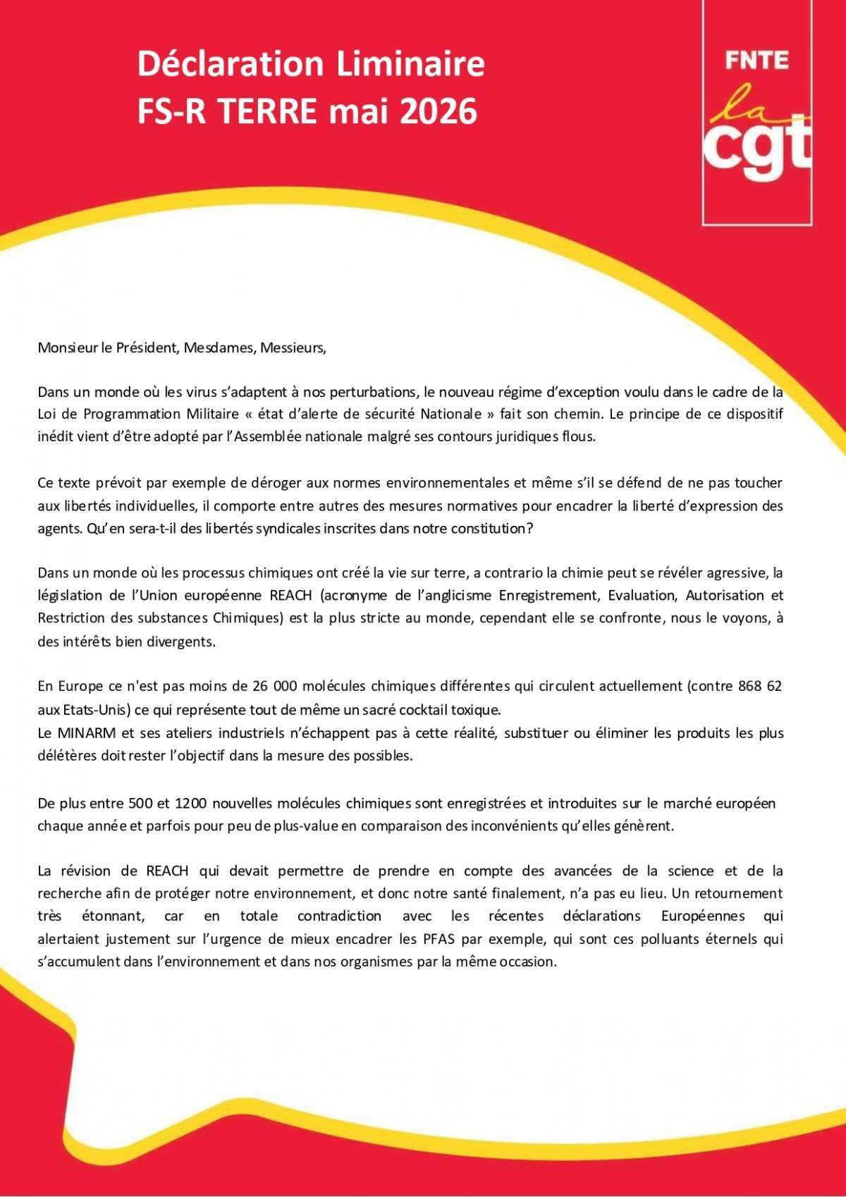 Terre : FS-R Déclaration Liminaire de Mai 2026